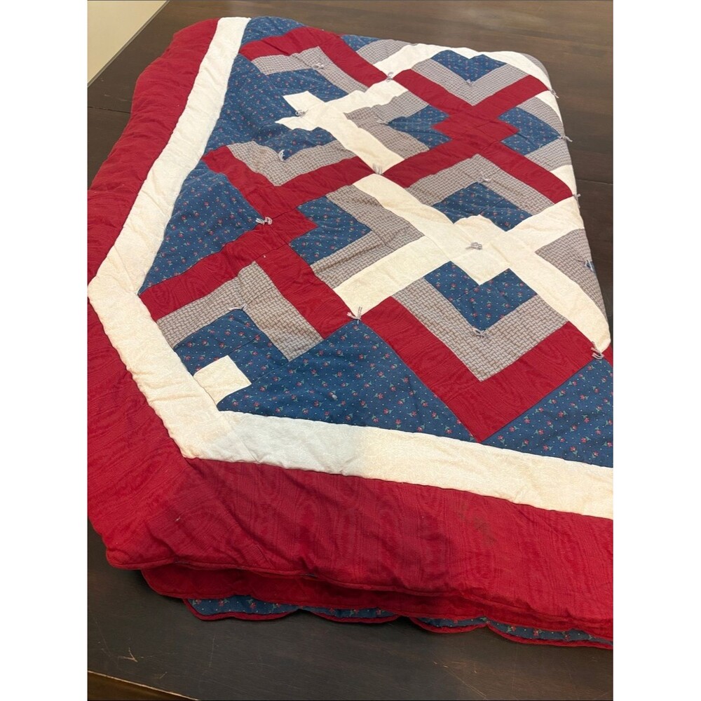 Hand Crafted Red, Blue & Cream Geometric Patchwork Quilt